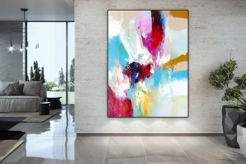 Large floral abstract wall art for drama-Blue Pink Red Abstract Paintings Contemporary Art Fp030