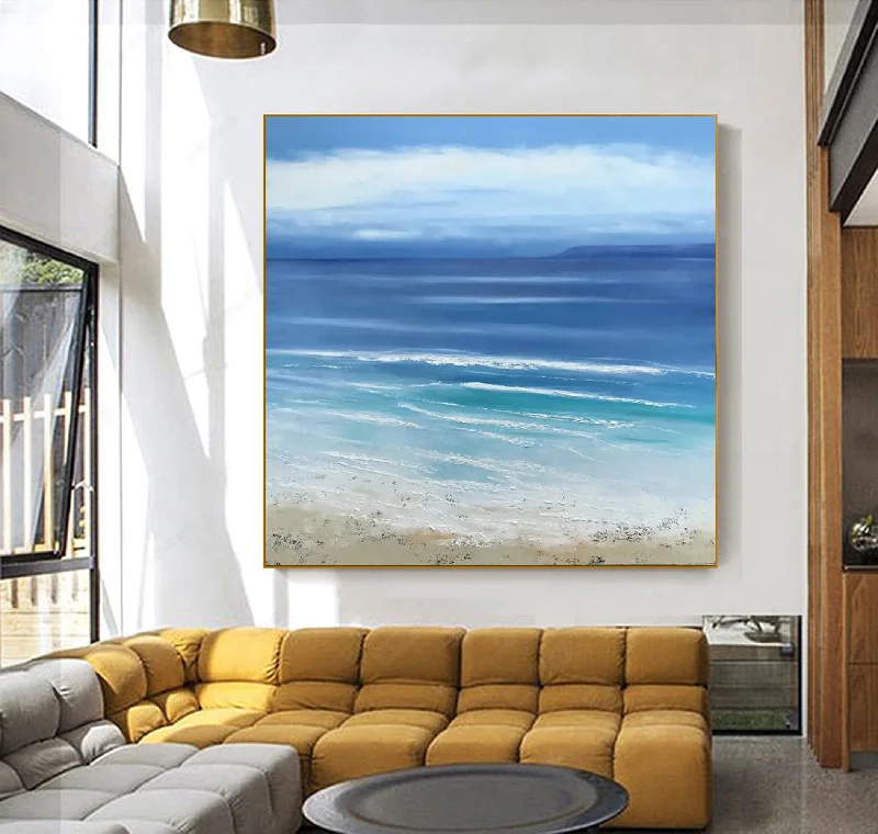 Nature inspired geometric wall art for balance-Blue Sea Abstract Painting Beach Painting on Canvas Op012