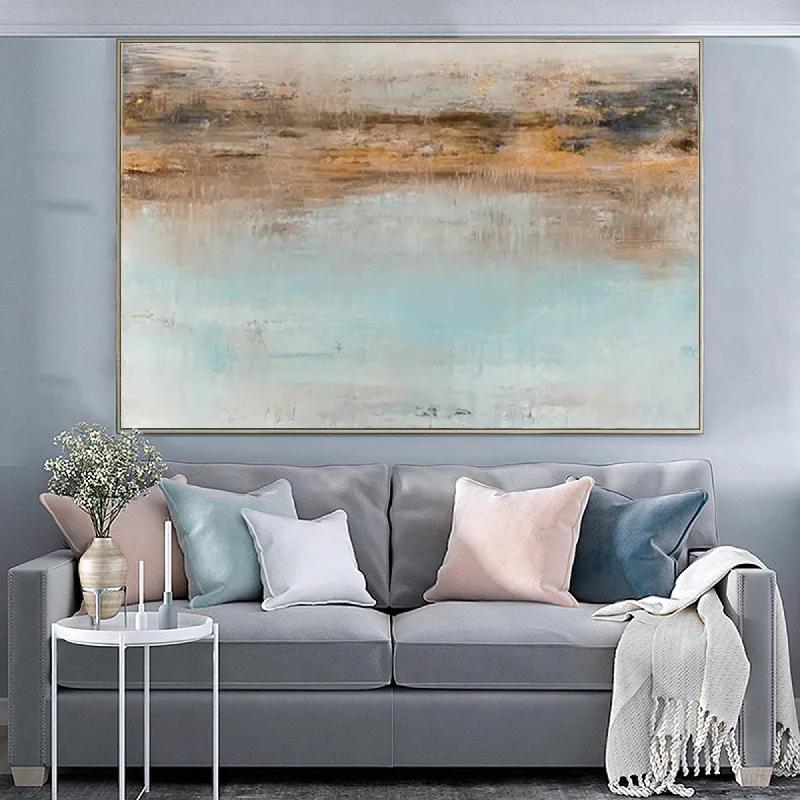 Rustic wooden landscape wall art for depth-Blue Seascape Painting Yellow Painting Teal Ocean Art Op095