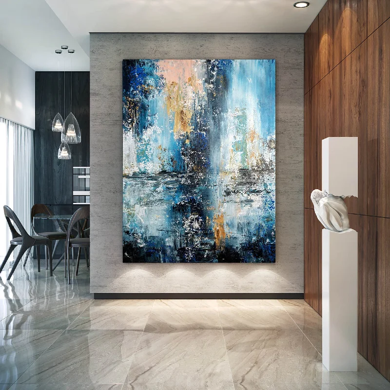 Modern blue abstract wall art for cool vibe-Blue White Abstract Painting on Canvas Huge Canvas Painting Custom Fp029