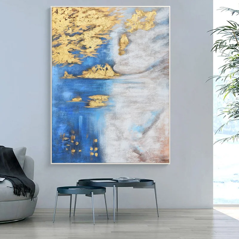 Large modern animal canvas wall art for bold-Blue White Gold Abstract Painting Oversized Artwork for Walls Op005