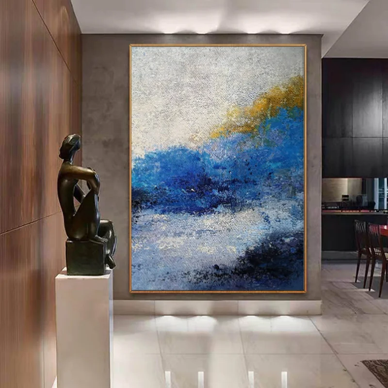 Boho style abstract wall art for warmth-Blue White Gold Original Abstract Painting Modern Canvas Art Op098