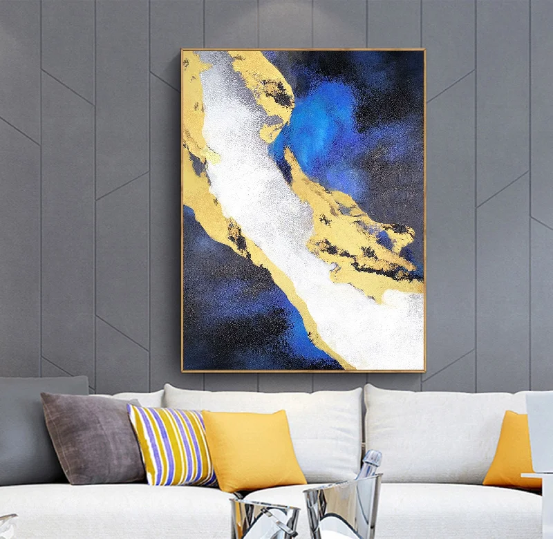 Handmade landscape canvas wall art for craft-Blue White Gold Painting Navy Blue Abstract Painting on Canvas Op057