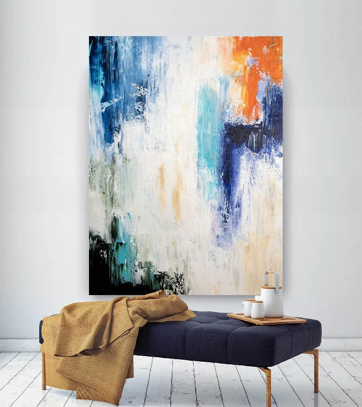 Rustic farmhouse floral canvas wall art for charm-Blue White Orange Abstract Painting Large Living Room Art Fp057