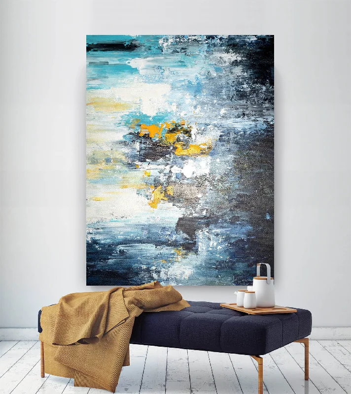 Boho abstract wall art for eclectic style-Blue White Yellow Abstract Painting Palette Knife Art Fp039