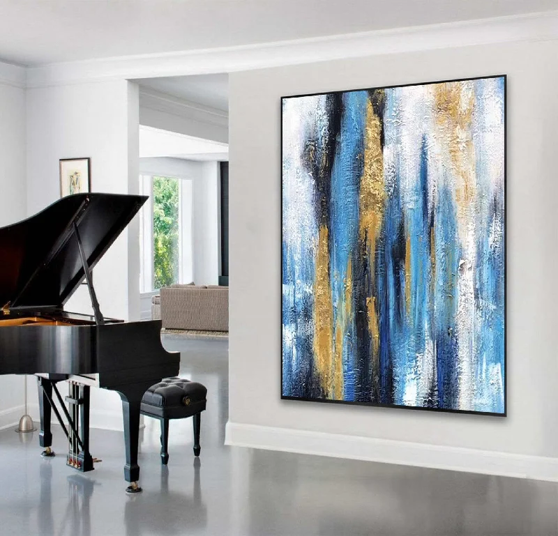 Modern black wall art for striking look-Blue Yellow Abstract Textured Painting Large Wall Artwork Cp028