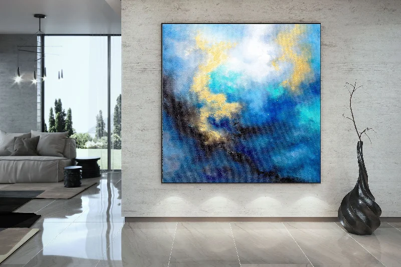 Boho abstract wall art for eclectic style-Blue Yellow Gold Abstract Original Painting On Canvas Large Artwork Fp085