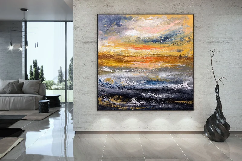 Hand-painted abstract canvas wall art for art-Blue Yellow Sea Palette Knife Painting Original Abstract Painting Fp077