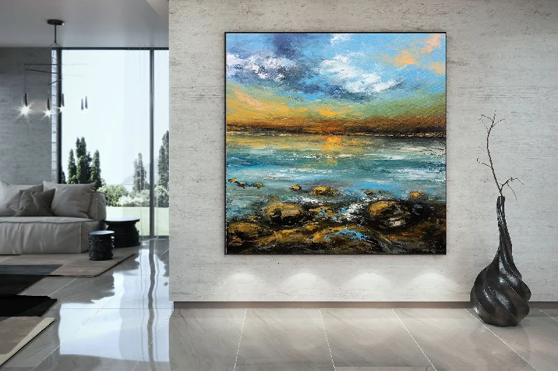 Custom framed floral abstract wall art for gift-Blue Yellow Sea Palette Knife Painting Original Landscape Painting Fp049