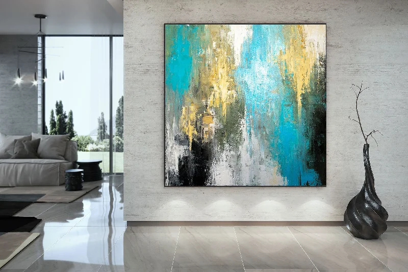 Minimalist geometric wall art for symmetry-Blue Yellow White Painting Black White Abstract Painting on Canvas Fp084