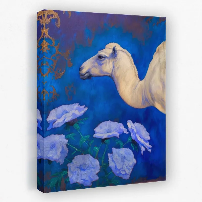 Minimalist white wall art for clean look-Camel With Blue Flowers