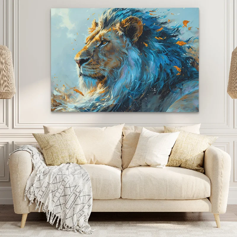 Vintage botanical animal canvas wall art for classic-Courageous Blue Lion