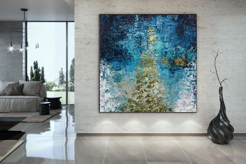 Minimalist white wall art for clean look-Deep Blue Gold Abstract Paitning Living Room Wall Art Fp087