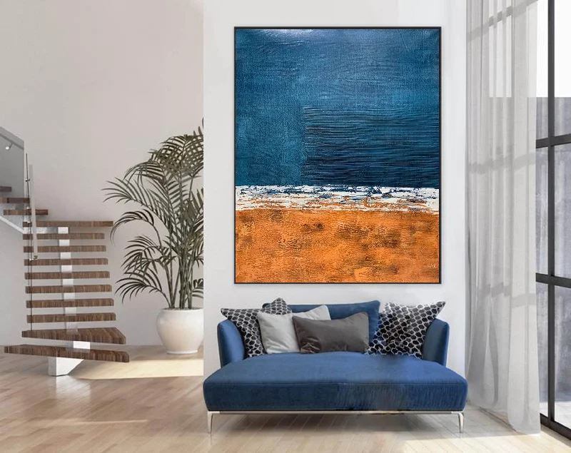 Hand-painted landscape wall art for detail-Deep Blue Orange Abstract Painting Textured Wall Art Np117