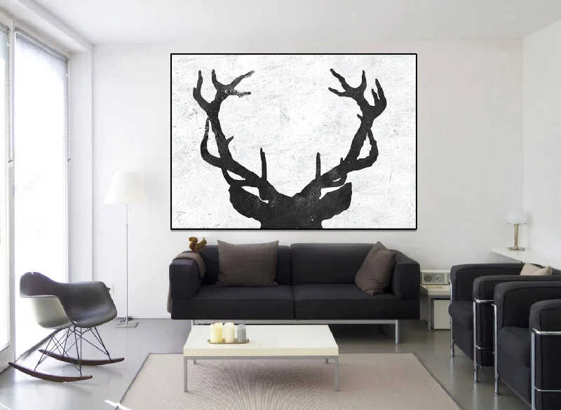 Rustic farmhouse geometric wall art for rustic-Deer Antler Abstract Painting Large Black and White Art Fp011