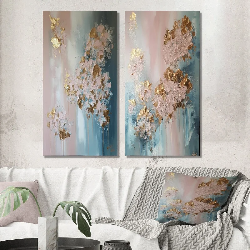 Modern colorful floral wall art for vibrancy-Designart "Abstract Hydrangea Flower In Blossoming Retro III" Hydrangea Wall Art Set of 2 Traditional Living Room Decor