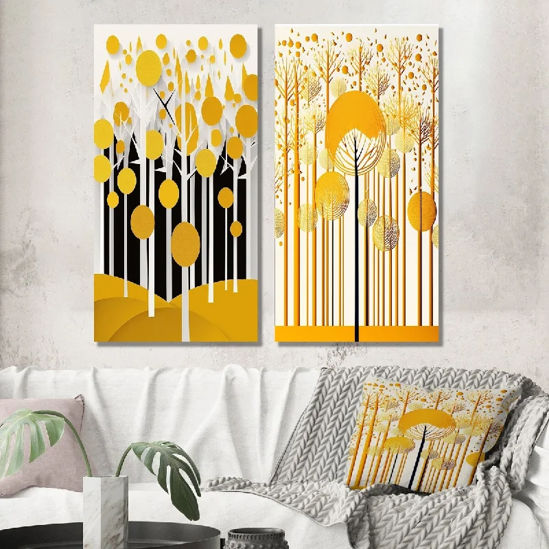 Modern black floral wall art for bold-Designart "Abstract Yellow Forest Minimal Art II" Landscape Trees Wall Art Set of 2 - Traditional Wall Art For Bedroom