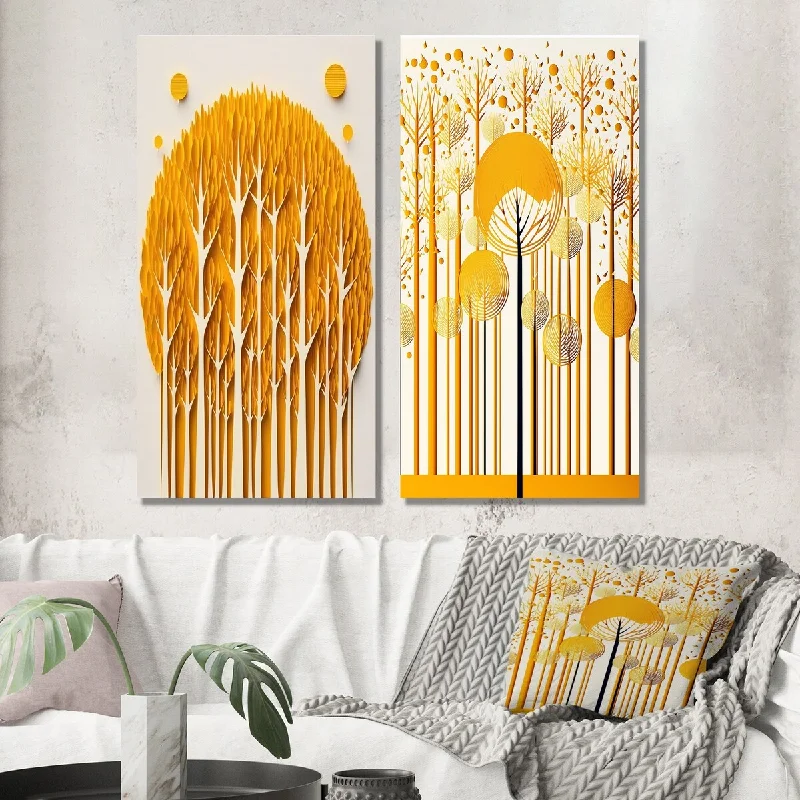 Large floral abstract wall art for drama-Designart "Abstract Yellow Forest Quill Minimalism II" Landscape Wall Art Set of 2 - Traditional For Office Decor