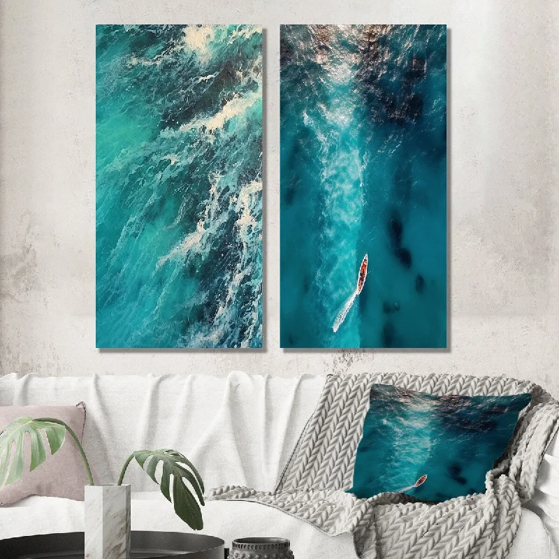 Small geometric floral wall art for detail-Designart "Aerial View Photograph Turquoise Waves Breaking VI" Coastal Waves Wall Art Set of 2 - For Living Room Decor