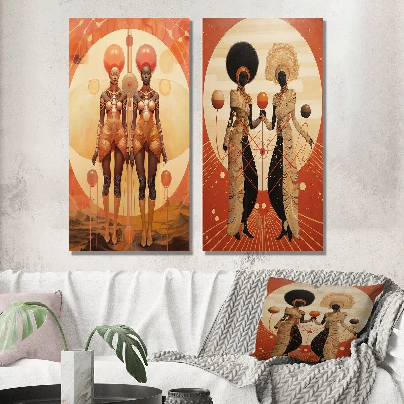 Hand-painted animal canvas wall art for detail-Designart "Alien Goddess Vintage Dreamscape Illustration V" Abstract Wall Art Set of 2 - Transitional For Office Decor