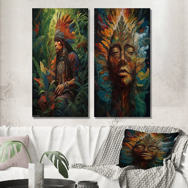 Modern art wall art for studio-Designart "Amazon Shaman Ancient Wisdom II" Folk Religion Wall Art Set of 2 - Traditional For Living Room Decor