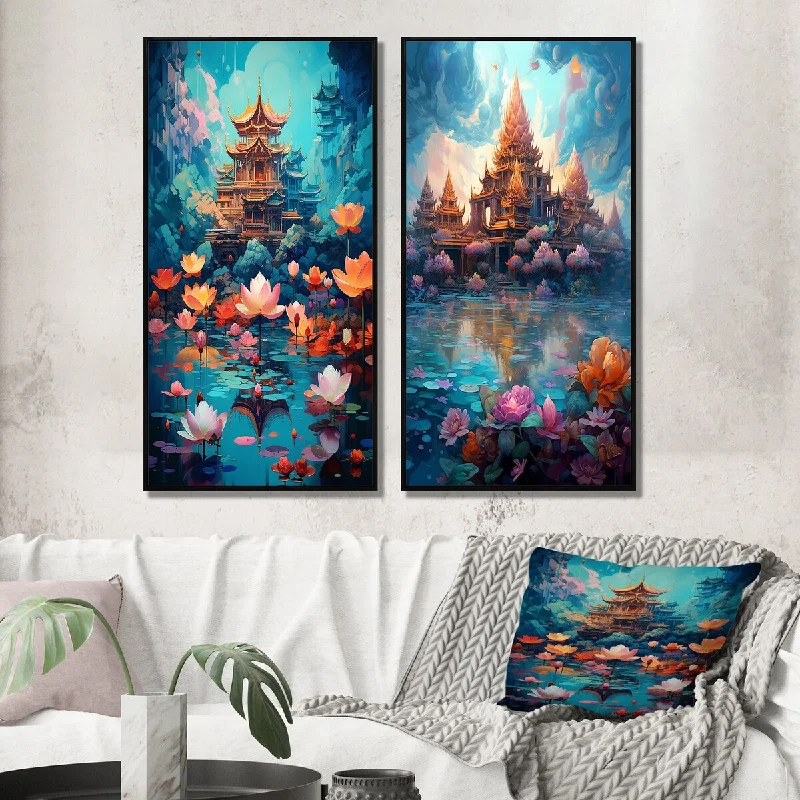 Modern blue abstract wall art for cool vibe-Designart "Ancient AsianTemple Blossoming Flowers I" Asian Art Wall Art Décor - Global Canvas Set For Living Room Decor