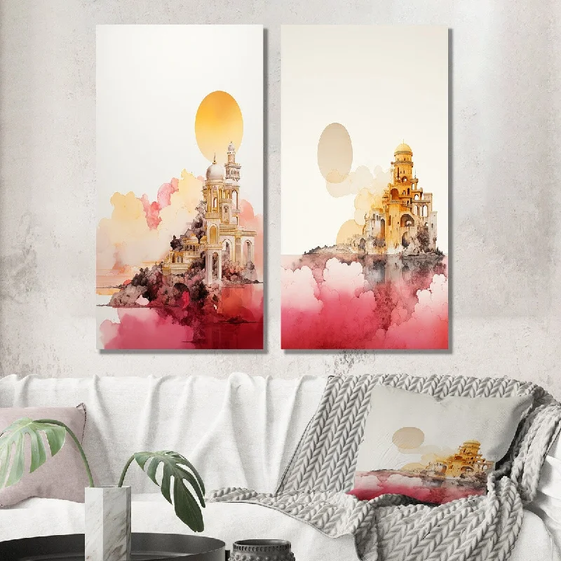 Modern colorful abstract wall art for energy-Designart "Ancient City Of Dreams Vintage Pink And Gold I" Abstract Wall Art Set of 2 - Modern For Office Decor