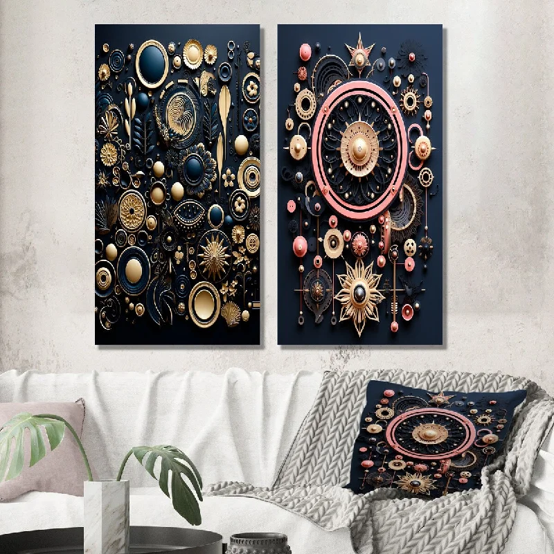 Contemporary colorful abstract wall art for pop-Designart "Ancient Wisdom Of Atlantis Retro Geometry Gold IV" Modern Wall Art Set of 2 - Modern For Office Decor