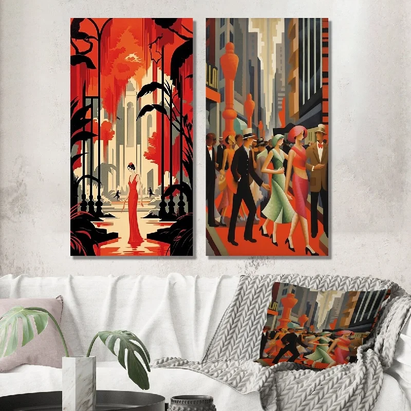 Large modern geometric wall art for wow-Designart "Art Deco Lady In Red Evening Dress" Fashion Woman Wall Art Set of 2 - Glam Wall Art For Home Decor