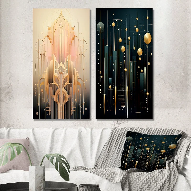 Luxury gold abstract canvas wall art for shine-Designart "Art Nouveau Geometry In Gold And Pink I" Modern Wall Art Set of 2 - Modern Gallery Set For Office Decor