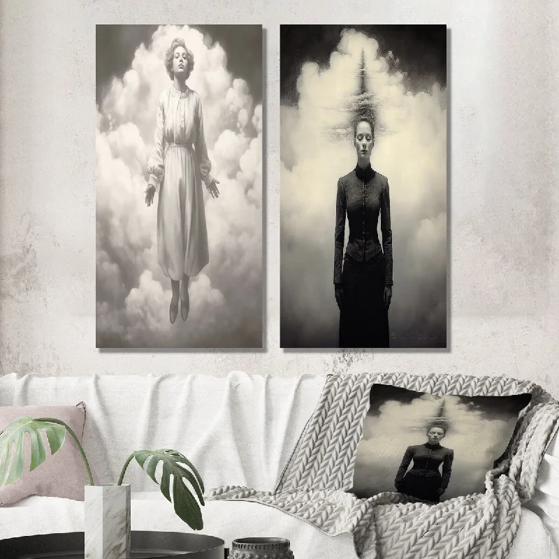 Contemporary floral geometric wall art for modern-Designart "Ascending Grace Surrealism Black And White I" Fashion Woman Wall Art Set of 2 - Glam For Living Room Decor