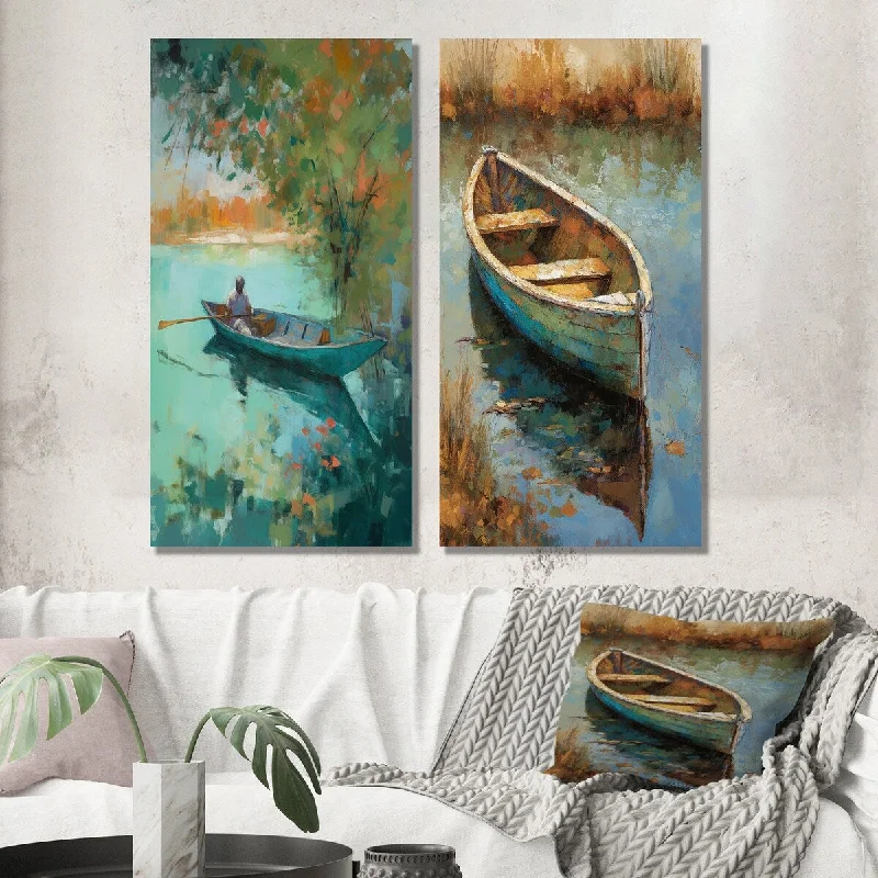 Hand-painted abstract floral wall art for detail-Designart "Autumn Lake Full Moon Serenity Dinghy Rowing III" Lakehouse Wall Set of 2 - Lake House Wall Art For Bedroom