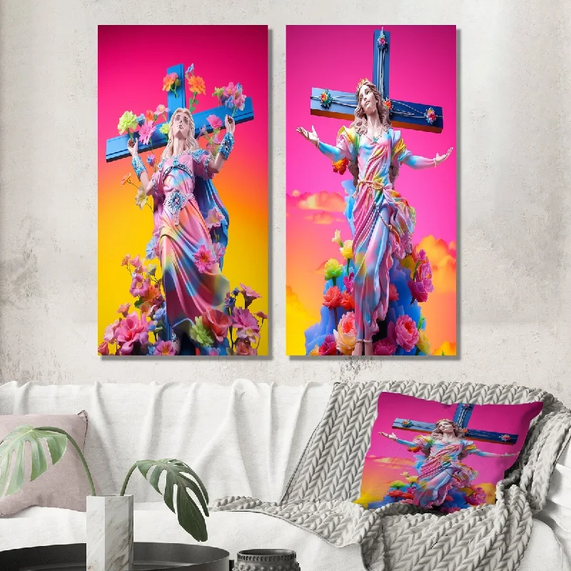 Modern colorful abstract wall art for energy-Designart "Barbie Jesus Vibrant Rainbow Colors II" Christianism Wall Art Set of 2 - Traditional For Living Room Decor