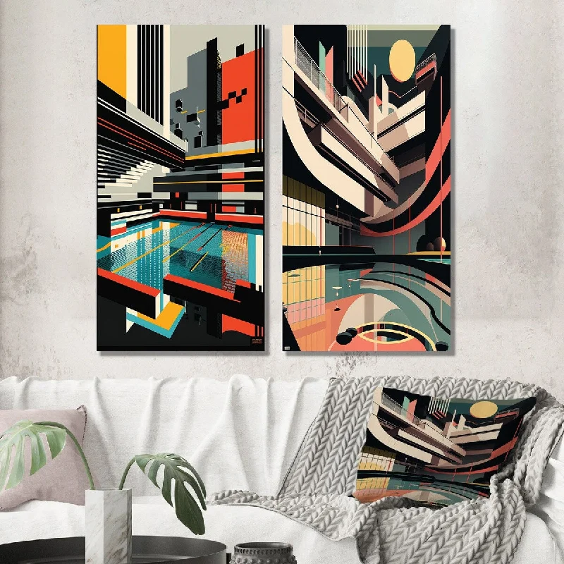 Rustic landscape wall art for earthy tones-Designart "Bauhaus Retro City Architecture I" Futuristic Wall Art Set of 2 - Industrial Wall Art For Home Decor