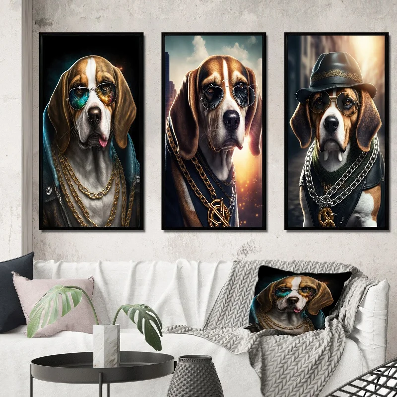 Large floral geometric wall art for drama-Designart "Beagle Gangster In NYC I" Animals Framed Wall Art Set Of 3 - Modern Frame Gallery Set For Office Decor