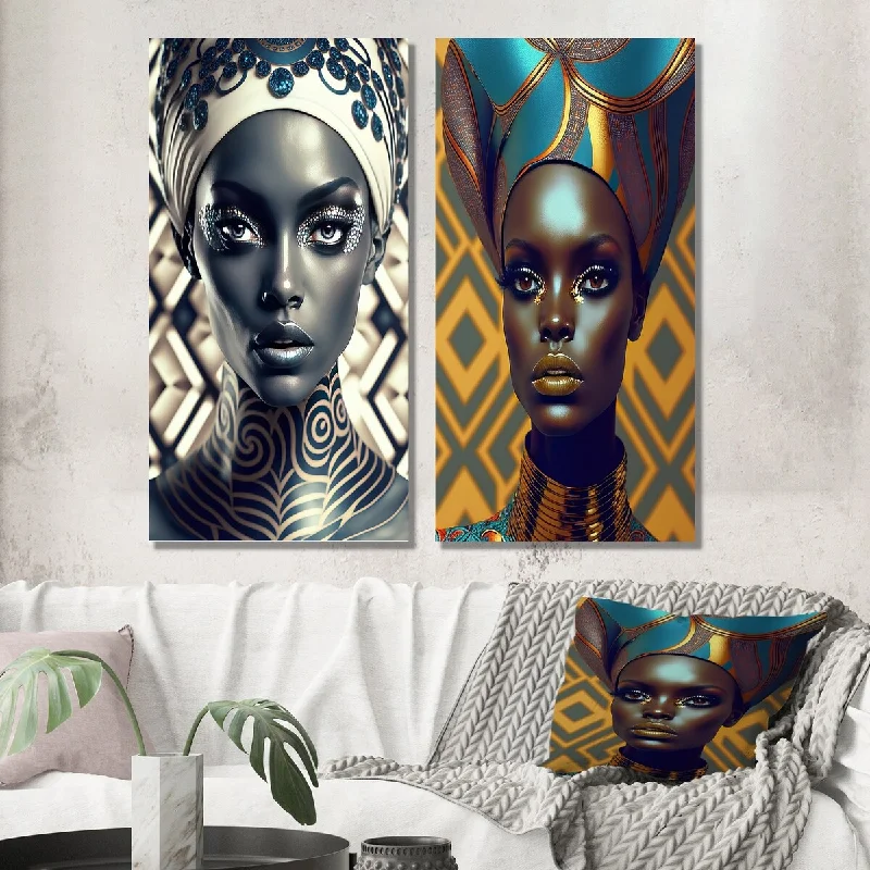 Hand-painted landscape wall art for detail-Designart "Beautiful Contemporary African Retro Woman I" African American Wall Art Set of 2 - Glam For Office Decor