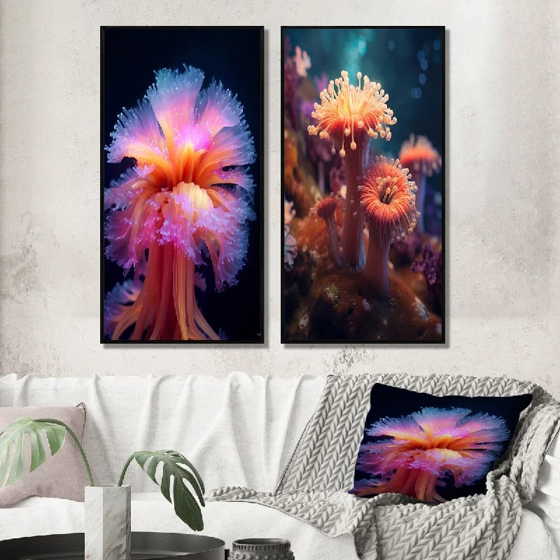 Large abstract wall art for open space-Designart "Beautiful Deep Sea Anemones In Pink And Blue IV" Animals Framed Gallery Wall Set For Home Decor