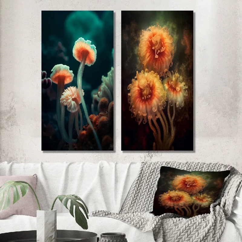 Modern animal wall art for trendy decor-Designart "Beautiful Deep Sea Anemones In Pink And Blue" Marine Animals Wall Art Set of 2 - Modern Living Room Decor