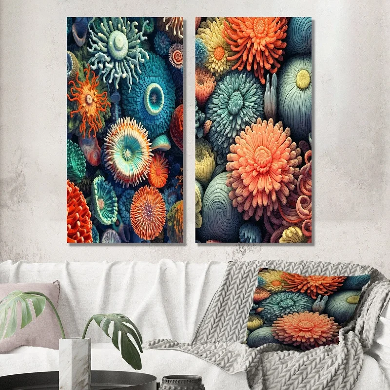 Rustic landscape wall art for earthy tones-Designart "Beautiful Deep Sea Anemones Retro Harmony I" Animal Wall Art Set of 2 - Modern For Living Room Decor