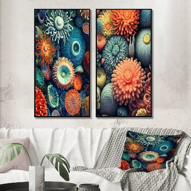 Nature themed floral canvas wall art for nature-Designart "Beautiful Deep Sea Anemones Retro Harmony I" Animals Wall Art Décor Gallery Set For Office Decor