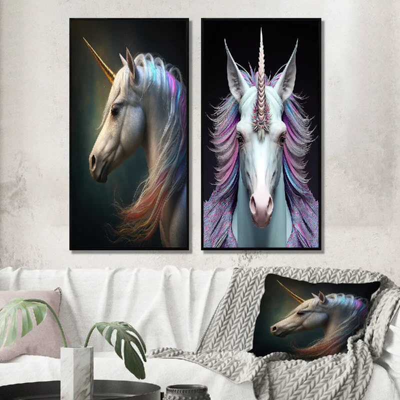 Custom abstract canvas wall art for uniqueness-Designart "Beautiful Portrait Of A Unicorn I" Animals Wall Art Décor - Children's Art Canvas Set For Living Room Decor