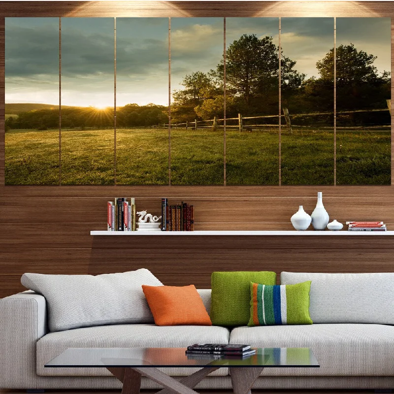 Boho style animal canvas wall art for eclectic-Designart "Beautiful Sunrise in the farm" Landscape Wall Artwork - multi