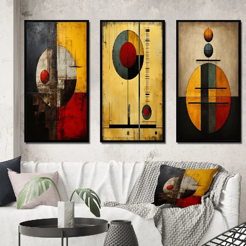 Contemporary geometric wall art for home-Designart "Belgian Dialogue with Geometric Abstraction IV" Modern Geometric Frame Gallery Wall Set Of 3 For Home Decor