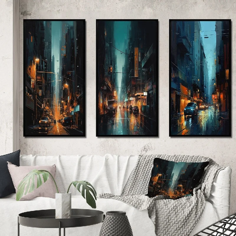 Modern blue wall art for cool tones-Designart "Black And Blue Perspectives On Urban Life III" City Art Deco Framed Wall Art Set Of 3 For Living Room Decor