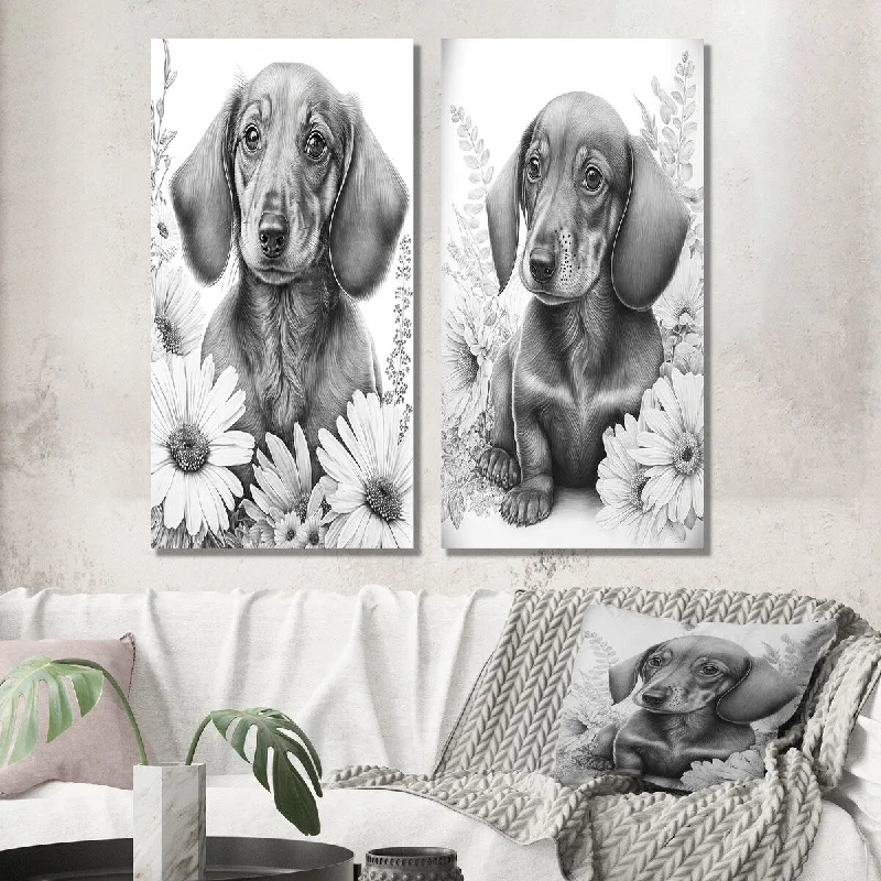 Minimalist geometric floral wall art for sleek-Designart "Black Dachshund With White Flowers I" Animals Wall Art Set of 2 - Children's Art Wall Art For Bedroom