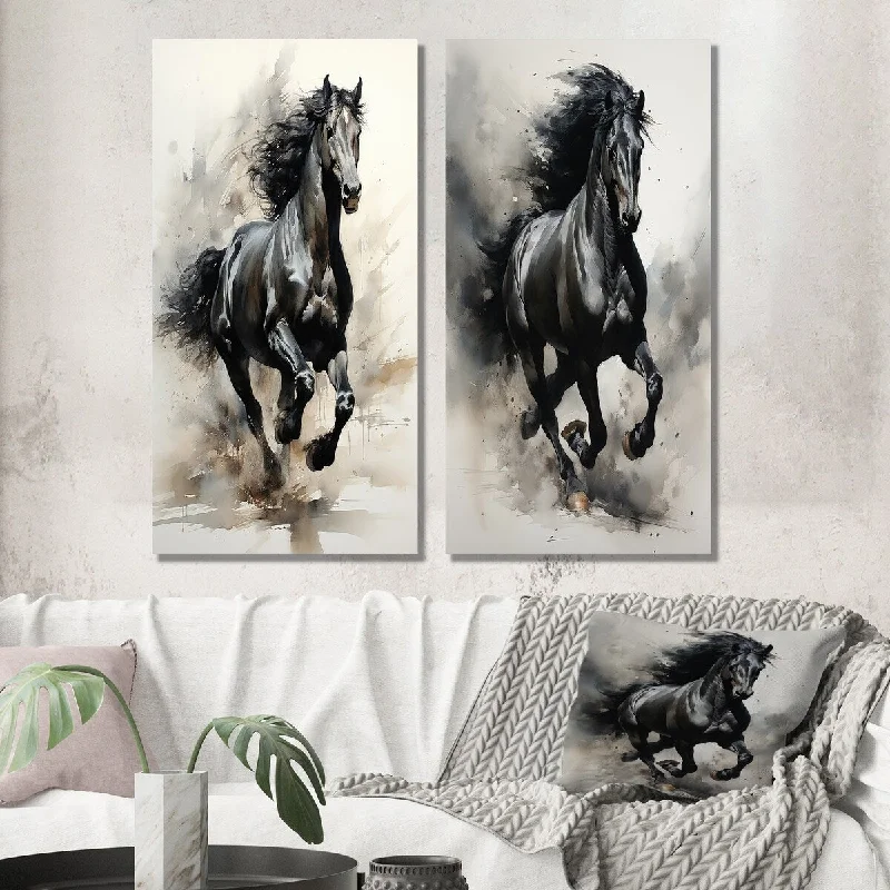 Small luxury animal wall art for intimate-Designart "Black Horse Galopping Ink Illustration III" Animals Horse Wall Art Set of 2 - Children's Art For Office Decor