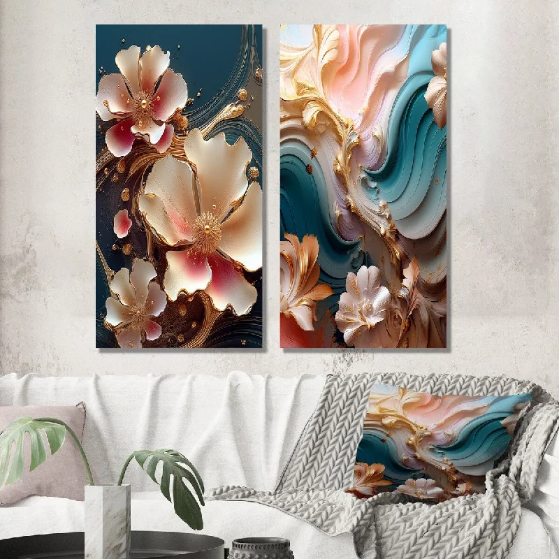 Large abstract floral wall art for statement-Designart "Blooming Pink Magnolia Abstract Flower On Blue I" Flowers Wall Art Set of 2 - Traditional For Office Decor