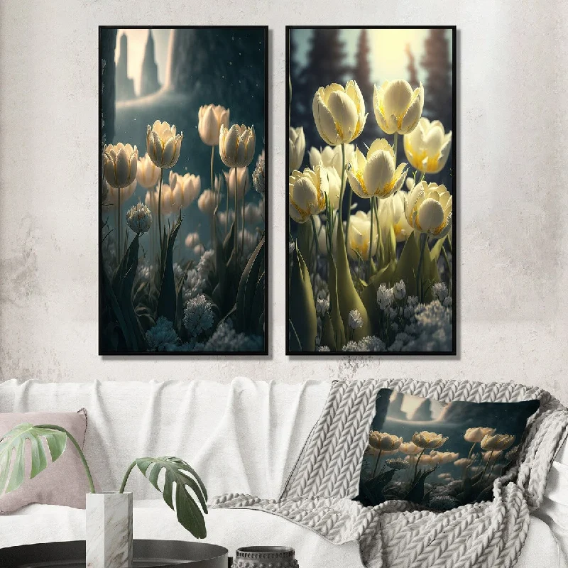 Hand-painted wall art for office decor-Designart "Blooming Tulips At Dawn I" Floral Tulip Framed Wall Art Traditional Canvas Set Of 2 For Living Room Decor