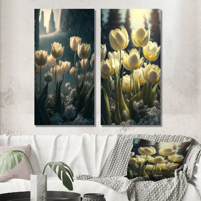 Luxury gold abstract canvas wall art for shine-Designart "Blooming Tulips At Dawn I" Floral Tulip Wall Art Set of 2 Traditional Gallery Wall Set For Living Room Decor