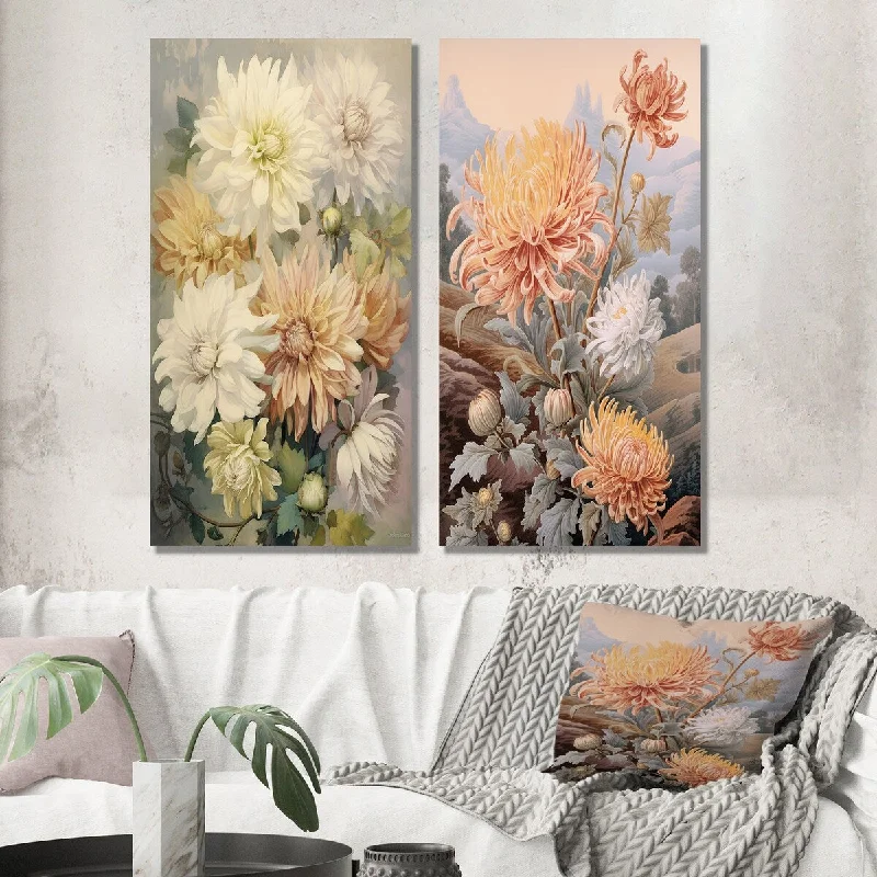 Rustic wooden animal canvas wall art for style-Designart "Blooming White Orange Chrysanthemum Retro Art III" Wildflowers Wall Set of 2 - Traditional Living Room Decor